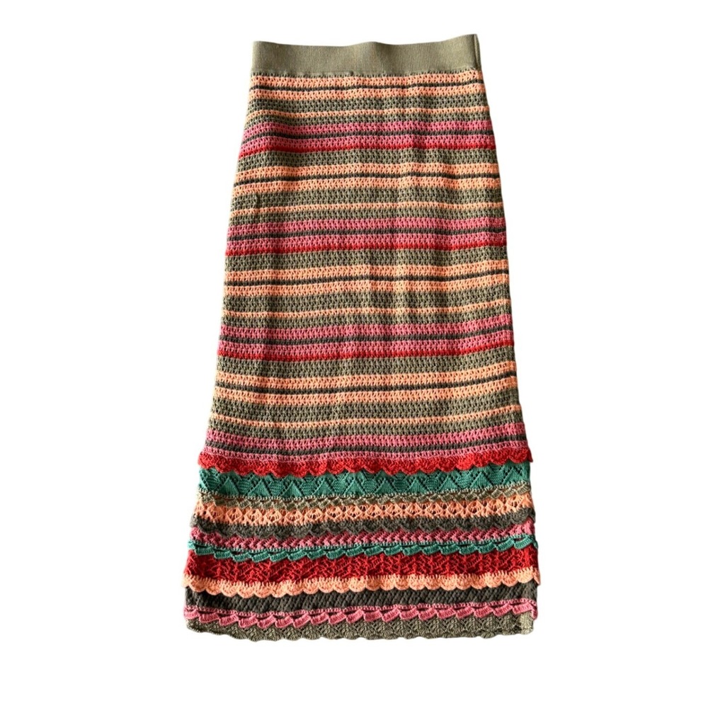 Polo Ralph Lauren Boho Crochet Knit Midi Skirt Striped Earthy Festival Cotton SP